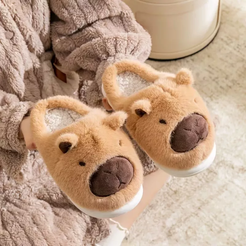 LEAN Plush Kapibara Kapcie Domowe z Uszami Ciepłe Miękkie Beżowe Rozmiar 34-35