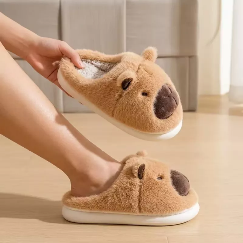 LEAN Plush Kapibara Kapcie Domowe z Uszami Ciepłe Miękkie Beżowe Rozmiar 34-35