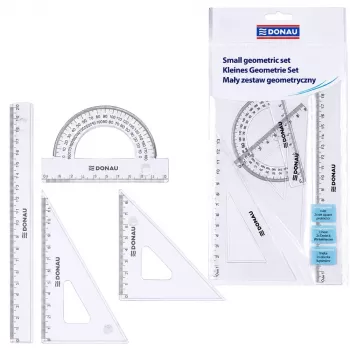 LEAN SCHOOL DONAU Mały zestaw geometryczny z linijką 20 cm, ekierkami i kątomierzem przezroczysty