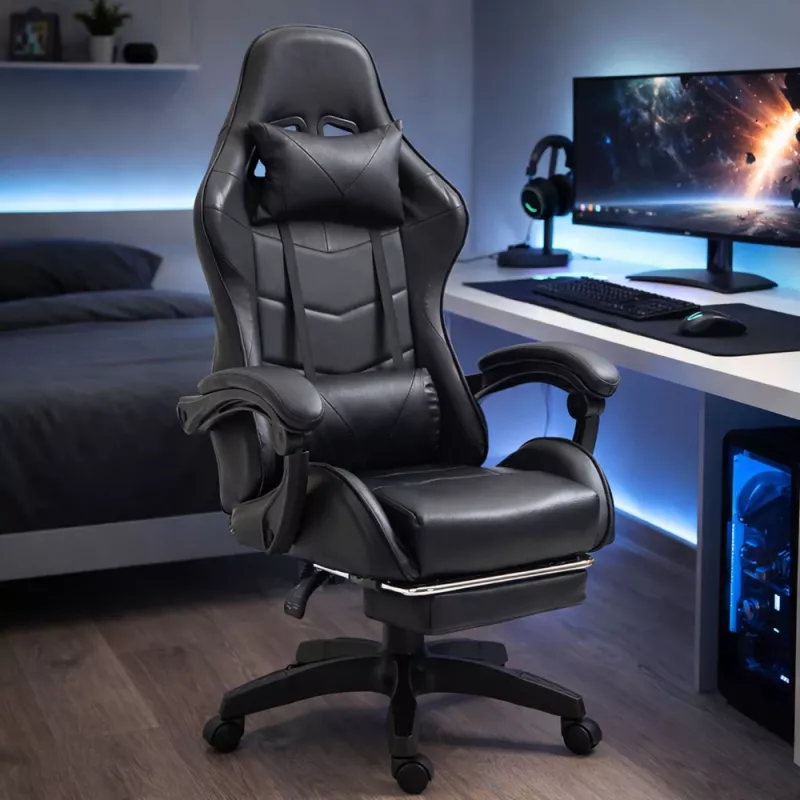 LEAN Swivel Office Gaming Chair with Footrest and Cushions, Black