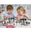 LEAN TOYS 15-elementowy zestaw kuchenny do zabawy dla dzieci od 3 lat | Garnki, patelnie, przybory kuchenne, talerze, kubki, deska do krojenia i zabawkowe jedzenie | Wielokolorowy plastik ABS | Zabawka do odgrywania ról w gotowaniu
