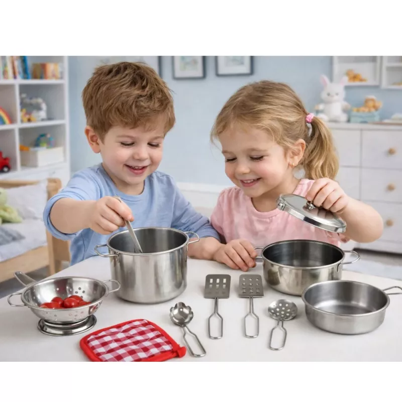 LEAN TOYS 15-elementowy zestaw kuchenny do zabawy dla dzieci od 3 lat | Garnki, patelnie, przybory kuchenne, talerze, kubki, deska do krojenia i zabawkowe jedzenie | Wielokolorowy plastik ABS | Zabawka do odgrywania ról w gotowaniu