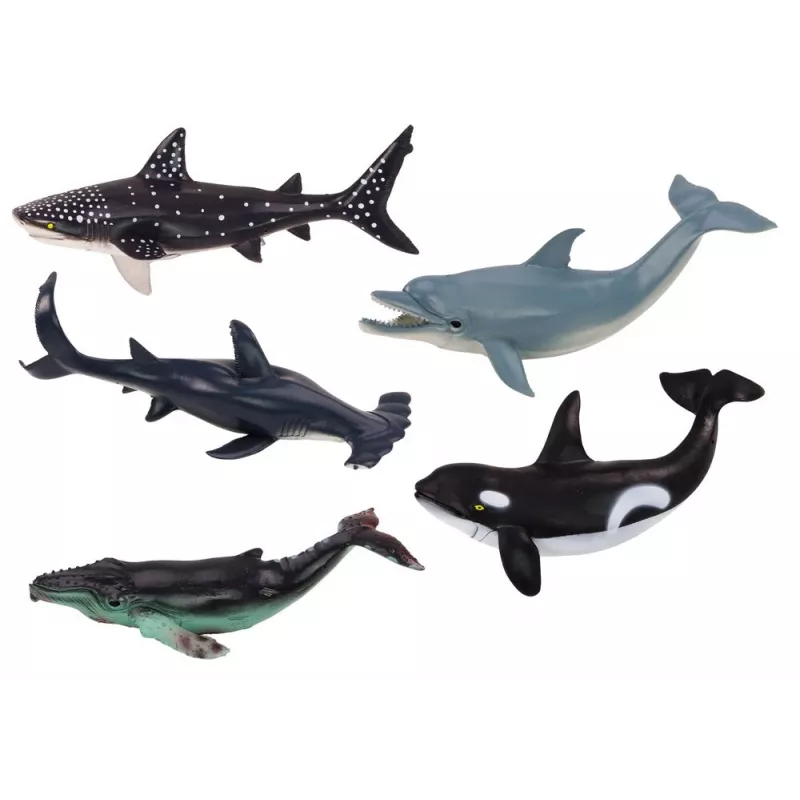 LEAN TOYS 17521 Zestaw 6 figurek zwierząt morskich - Orka, Rekin, Wieloryb, Delfin, Żółw i Płaszczka - Wielokolorowy