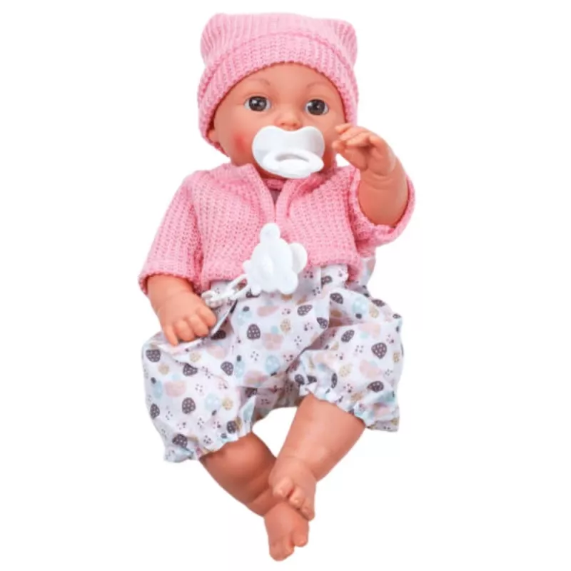 LEAN TOYS 24440 Lalka z czapką, sweterkiem i smoczkiem, efekty dźwiękowe (35 cm)