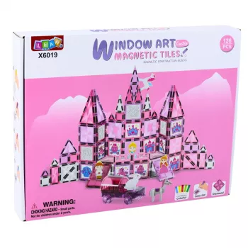 LEAN TOYS 25282 Magnetyczne Klocki Zestaw Witraż z Różowymi Markerami, 126 Elementów, Kreatywna Zabawka Artystyczna