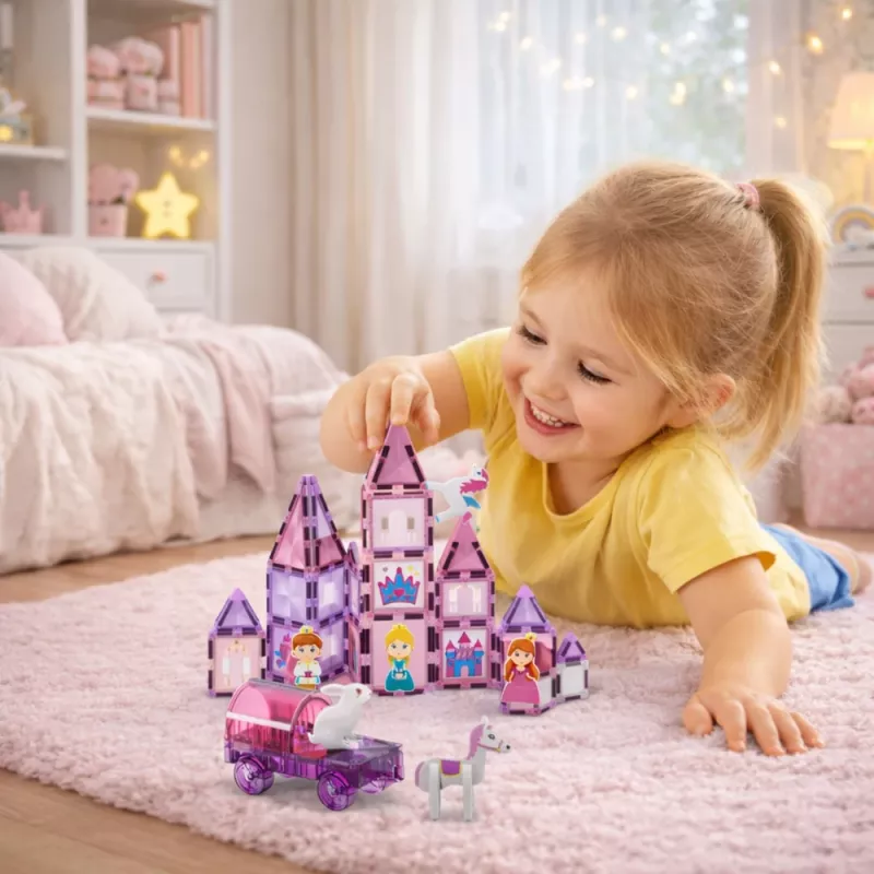 LEAN TOYS 25282 Magnetyczne Klocki Zestaw Witraż z Różowymi Markerami, 126 Elementów, Kreatywna Zabawka Artystyczna