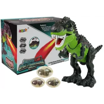 LEAN TOYS 7740 Interaktywny dinozaur T-Rex na baterie, składający jaja, z efektem pary, dźwiękiem i światłem - zielony