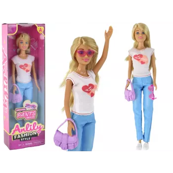LEAN TOYS Anlily Lalka dla Dzieci Długie Blond Włosy Torebka Okulary Biała Bluzka