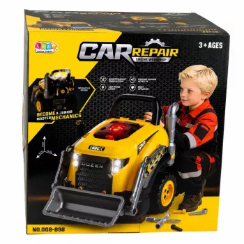 LEAN TOYS Koparko-spychacz do rozkręcania - Mały majsterkowicz ze światłami, dźwiękami i efektem pary (3+ lata)