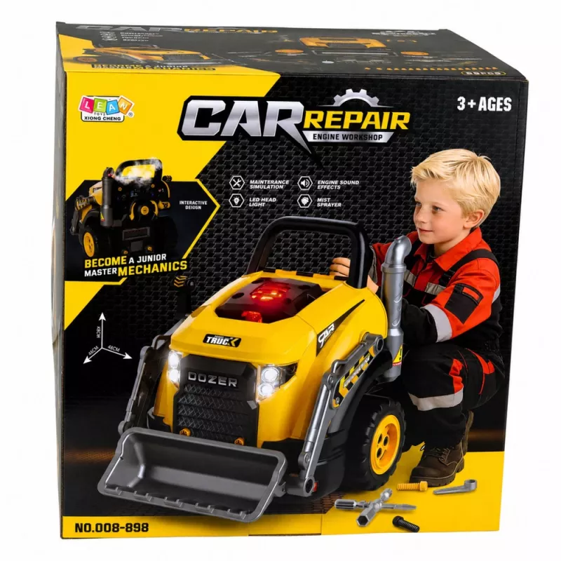 LEAN TOYS Koparko-spychacz do rozkręcania - Mały majsterkowicz ze światłami, dźwiękami i efektem pary (3+ lata)
