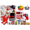 LEAN TOYS Kasa sklepowa z wózkami i akcesoriami | 35-elementowy zestaw do zabawy w sklep z działającym kalkulatorem, skanerem ze światłem, mikrofonem, wózkiem i koszykiem sklepowym | Dla dzieci od 3 lat