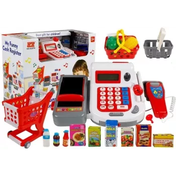 LEAN TOYS Kasa sklepowa z wózkami i akcesoriami | 35-elementowy zestaw do zabawy w sklep z działającym kalkulatorem, skanerem ze światłem, mikrofonem, wózkiem i koszykiem sklepowym | Dla dzieci od 3 lat