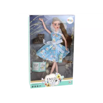 Lalka LEAN TOYS Emily Spring z długimi włosami, niebieską sukienką i kotkiem