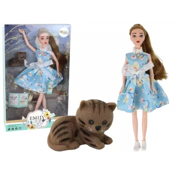 Lalka LEAN TOYS Emily Spring z długimi włosami, niebieską sukienką i kotkiem