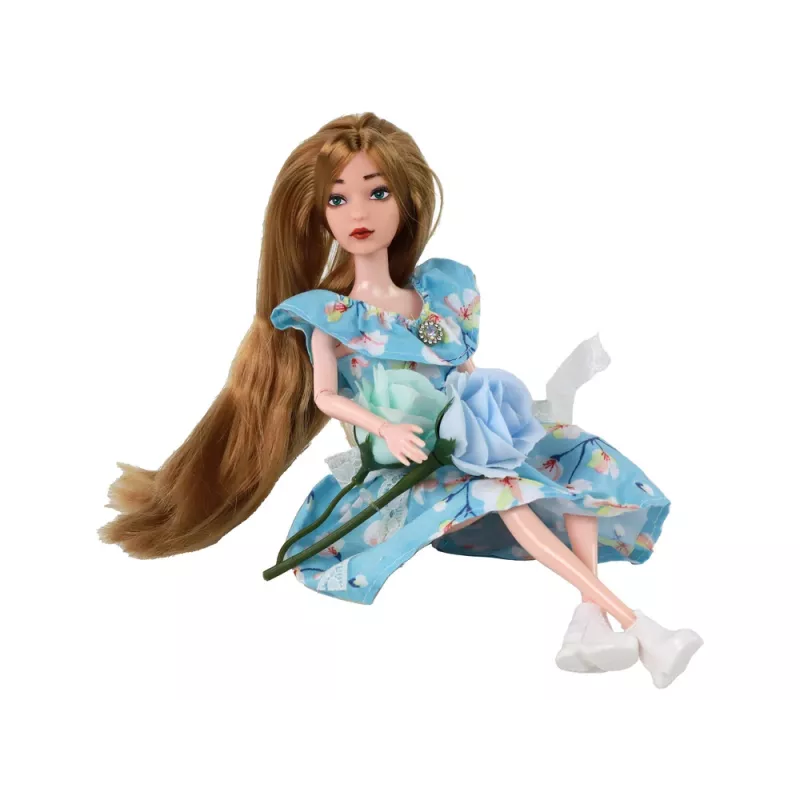Lalka dziecięca LEAN TOYS Emily Spring z długimi włosami i niebieską sukienką w kwiaty