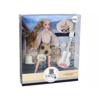 Lalka dziecięca LEAN TOYS Emily z gitarą, okularami, długimi blond włosami i kotkiem