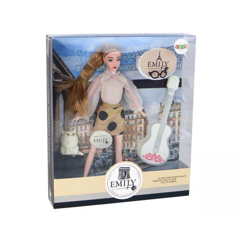 Lalka dziecięca LEAN TOYS Emily z gitarą, okularami, długimi blond włosami i kotkiem