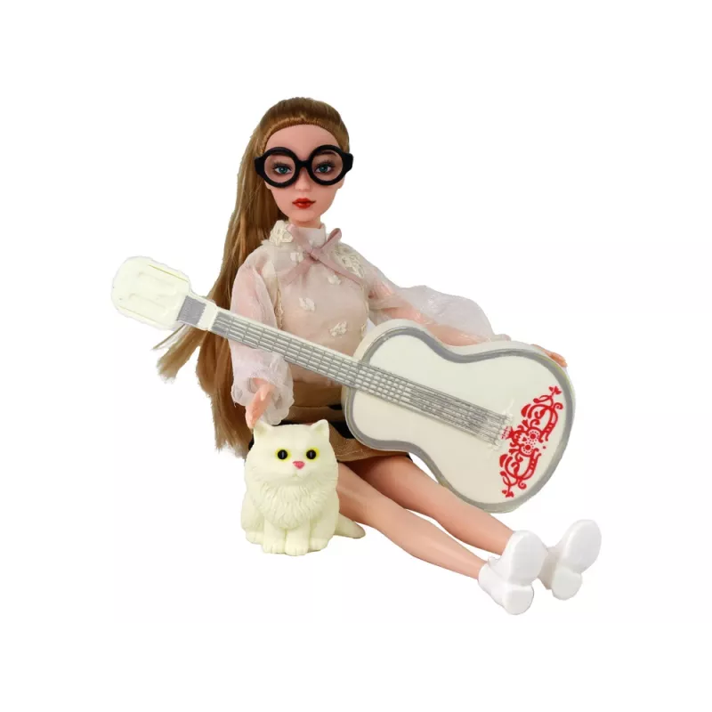 Lalka dziecięca LEAN TOYS Emily z gitarą, okularami, długimi blond włosami i kotkiem