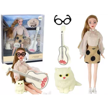 Lalka dziecięca LEAN TOYS Emily z gitarą, okularami, długimi blond włosami i kotkiem