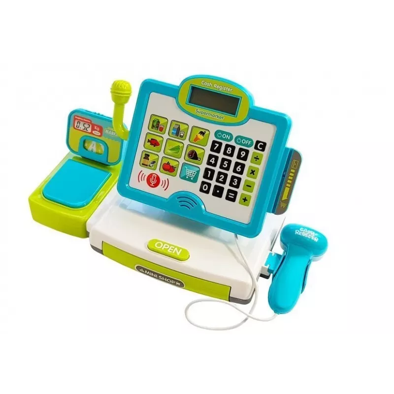 LEAN TOYS Dziecięcy Elektroniczny Zestaw Kasy Sklepowej z Koszykiem - Niebieski, Działający Kalkulator, Światło i Dźwięk, 25 Akcesoriów, Wiek 3+