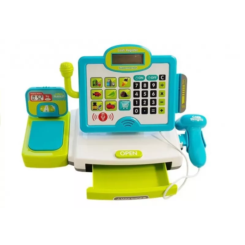 LEAN TOYS Dziecięcy Elektroniczny Zestaw Kasy Sklepowej z Koszykiem - Niebieski, Działający Kalkulator, Światło i Dźwięk, 25 Akcesoriów, Wiek 3+
