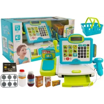 LEAN TOYS Dziecięcy Elektroniczny Zestaw Kasy Sklepowej z Koszykiem - Niebieski, Działający Kalkulator, Światło i Dźwięk, 25 Akcesoriów, Wiek 3+