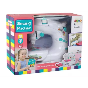 Maszyna do szycia dla dzieci Lean Toys - Biała, na baterie, realistyczna zabawka z pedałem nożnym i lampką LED