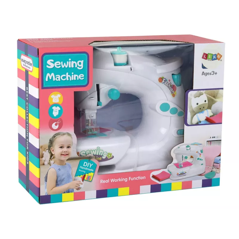 Maszyna do szycia dla dzieci Lean Toys - Biała, na baterie, realistyczna zabawka z pedałem nożnym i lampką LED