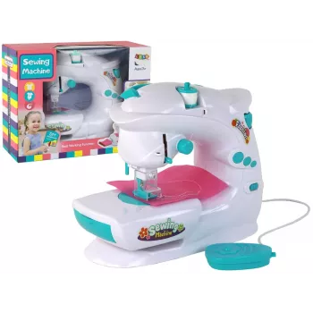 Maszyna do szycia dla dzieci Lean Toys - Biała, na baterie, realistyczna zabawka z pedałem nożnym i lampką LED