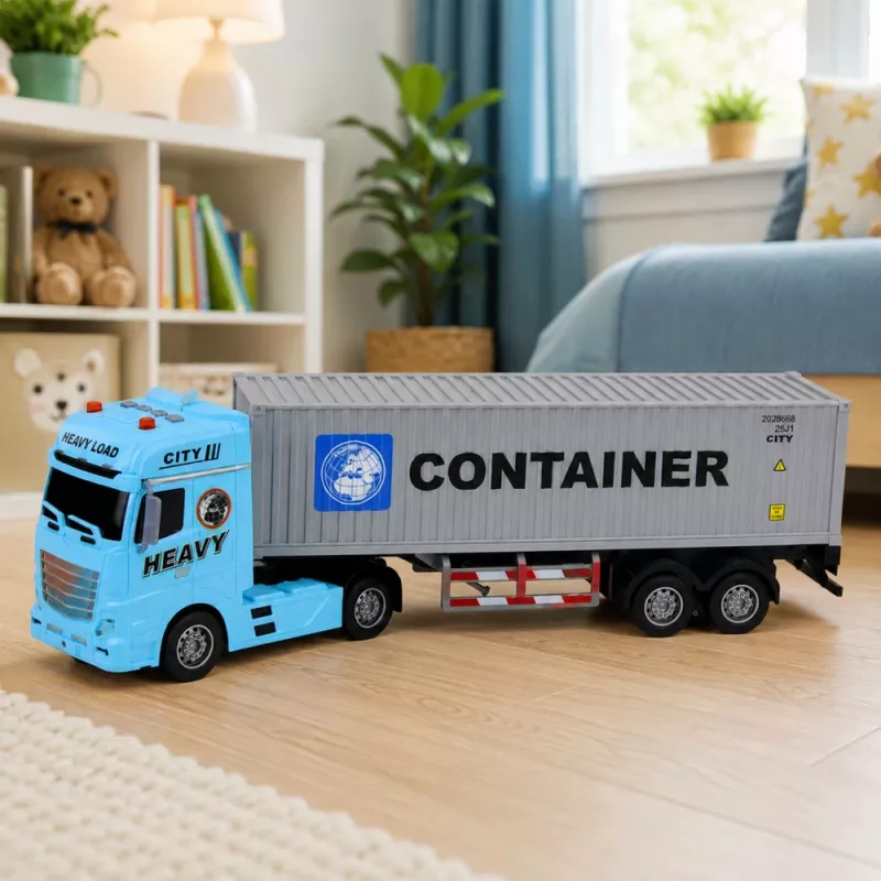 LEAN TOYS Ciężarówka z kontenerem z otwieranymi drzwiami, światłami i dźwiękami – niebieska, 54 cm