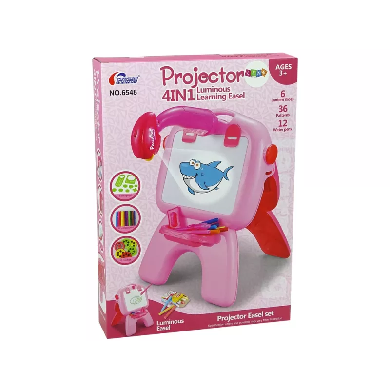 LEAN TOYS Dwustronna tablica z pisakami kredowymi, stojakiem i projektorem obrazków, różowa