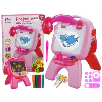 LEAN TOYS Dwustronna tablica z pisakami kredowymi, stojakiem i projektorem obrazków, różowa