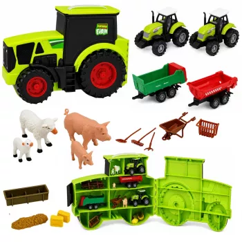 LEAN TOYS Zestaw Farm z Traktorem, Pojazdami Rolniczymi, Zwierzętami i Akcesoriami – 28-elementowy zestaw do zabawy
