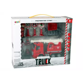 LEAN TOYS Zestaw Strażacki z Dźwigiem, Znakami Drogowymi i Strażakiem