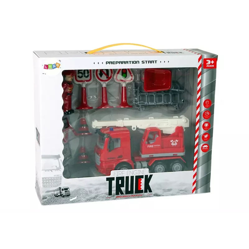 LEAN TOYS Zestaw Strażacki z Dźwigiem, Znakami Drogowymi i Strażakiem