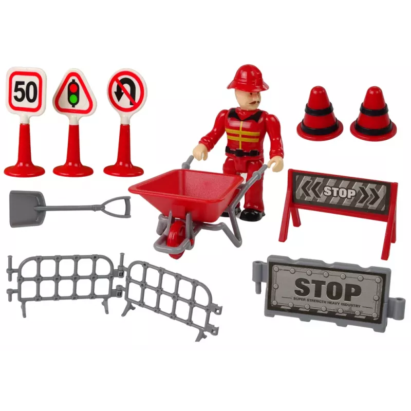 LEAN TOYS Zestaw Strażacki z Dźwigiem, Znakami Drogowymi i Strażakiem