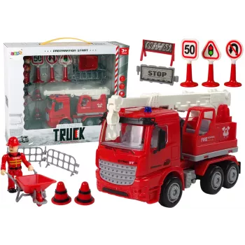 LEAN TOYS Zestaw Strażacki z Dźwigiem, Znakami Drogowymi i Strażakiem