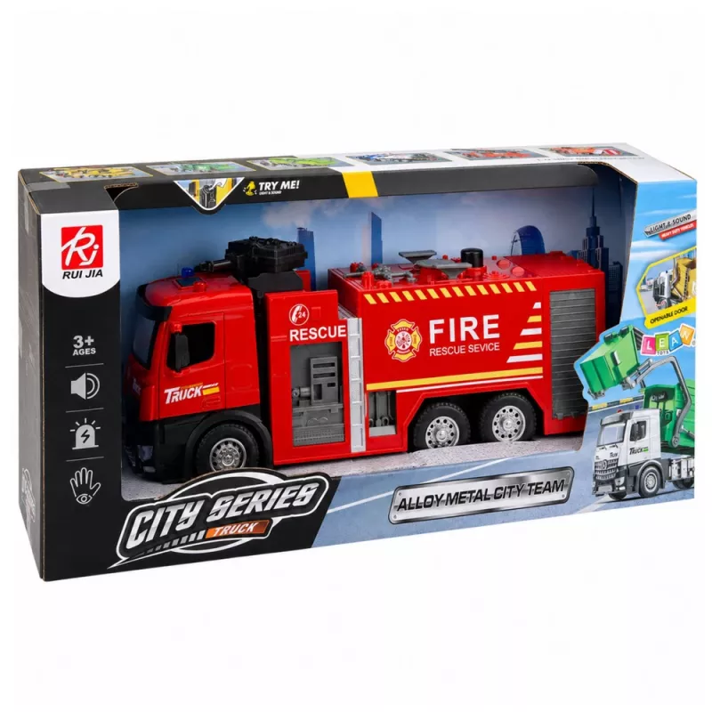 LEAN TOYS Wóz strażacki z funkcją wody, metalową kabiną, światłami i dźwiękami 1:12