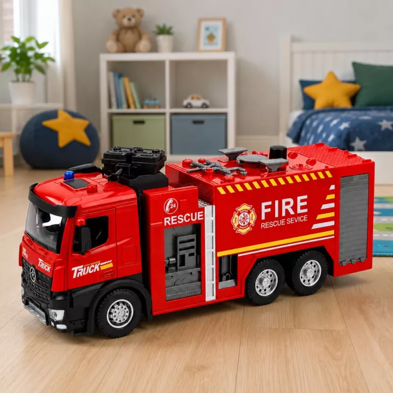 LEAN TOYS Wóz strażacki z funkcją wody, metalową kabiną, światłami i dźwiękami 1:12