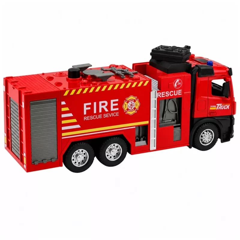 LEAN TOYS Wóz strażacki z funkcją wody, metalową kabiną, światłami i dźwiękami 1:12