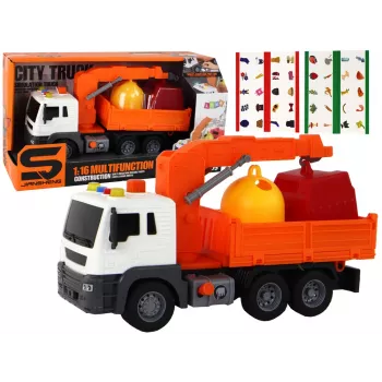 LEAN TOYS Śmieciarka z Dźwigiem Napęd Friction Orange 1:16