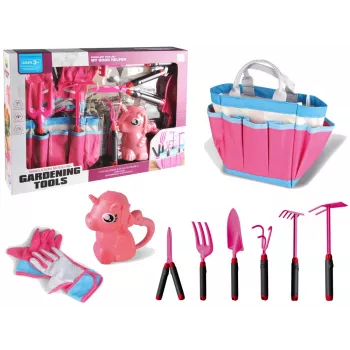 LEAN TOYS Zestaw ogrodniczy Torba Narzędzia Rękawice Grabie Różowy Jednorożec