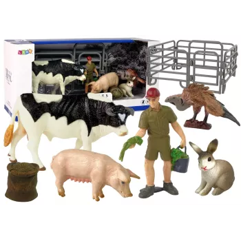 LEAN TOYS Duży zestaw figurek zwierząt gospodarskich + rolnik i zagroda 10 elementów