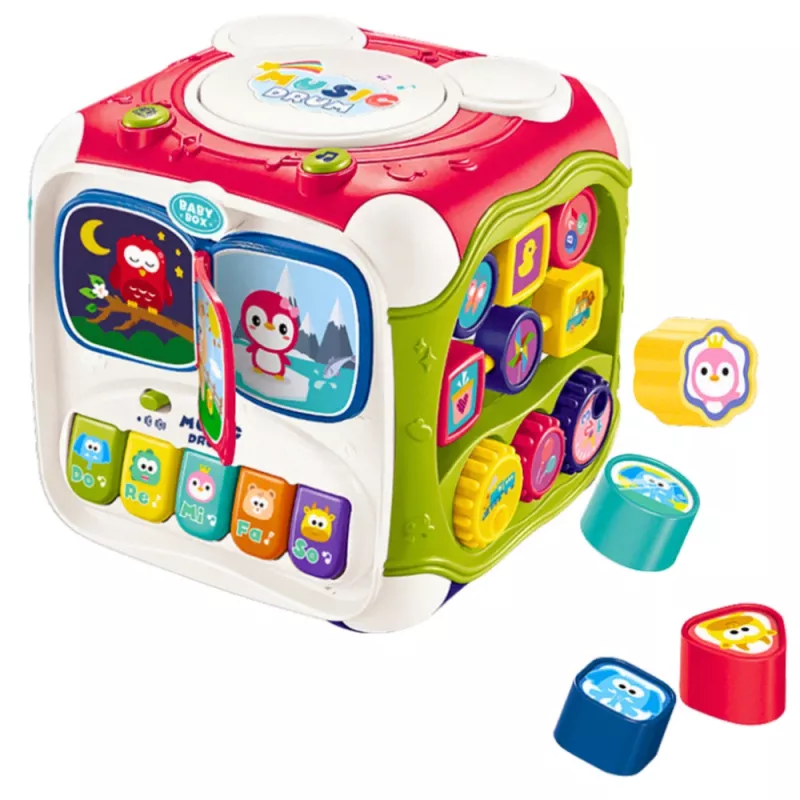 LEAN TOYS Duża wielofunkcyjna kostka edukacyjna Pianino Sorter Bęben – interaktywna zabawka 6-stronna ze światłami, dźwiękami, labiryntem z koralikami i sortownikiem kształtów