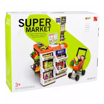 LEAN TOYS Duży zestaw kasowy z wózkiem sklepowym - 60 elementów z dźwiękami, światłami i akcesoriami, zabawka do odgrywania ról dla dzieci 3+
