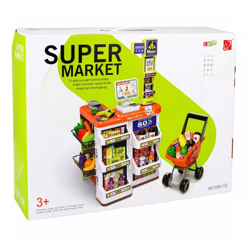 LEAN TOYS Duży zestaw kasowy z wózkiem sklepowym - 60 elementów z dźwiękami, światłami i akcesoriami, zabawka do odgrywania ról dla dzieci 3+