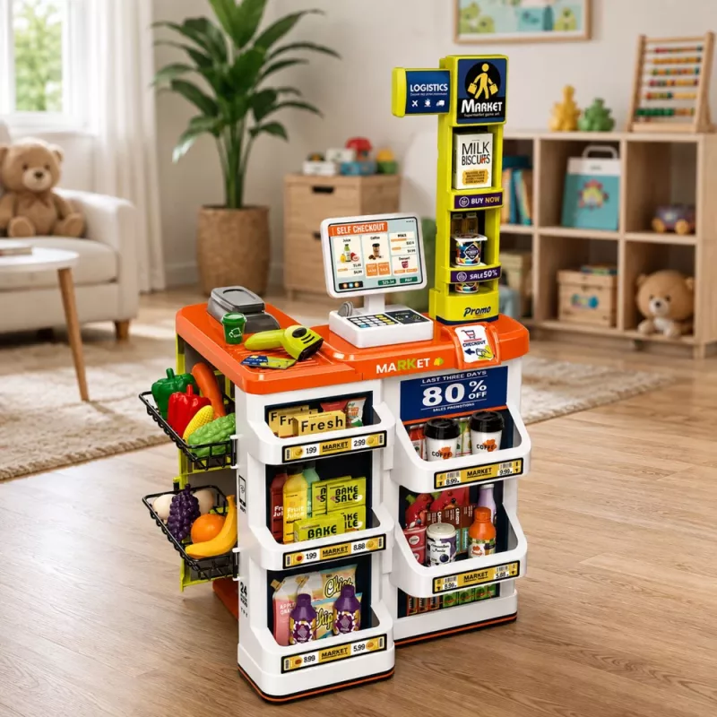 LEAN TOYS Duży zestaw kasowy z wózkiem sklepowym - 60 elementów z dźwiękami, światłami i akcesoriami, zabawka do odgrywania ról dla dzieci 3+