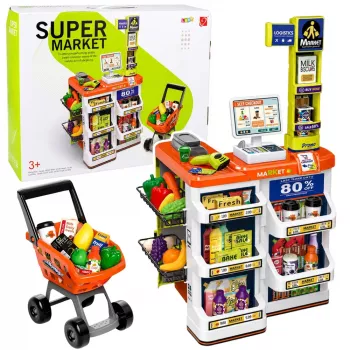 LEAN TOYS Duży zestaw kasowy z wózkiem sklepowym - 60 elementów z dźwiękami, światłami i akcesoriami, zabawka do odgrywania ról dla dzieci 3+