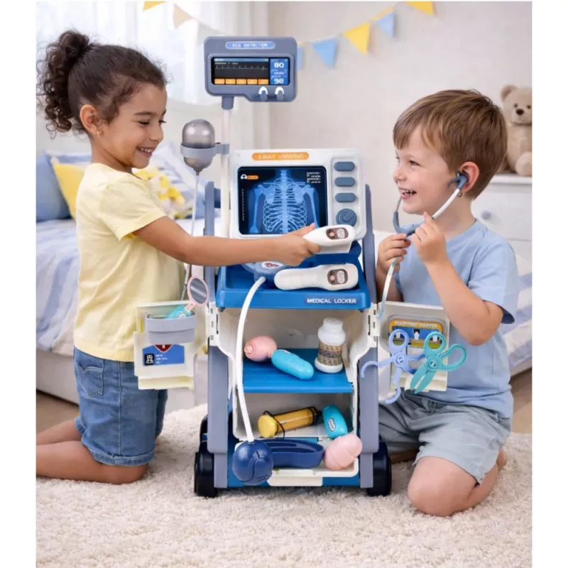 LEAN TOYS Zestaw Małego Doktora Wózek Medyczny RTG EKG Światła Niebieski 16 szt.