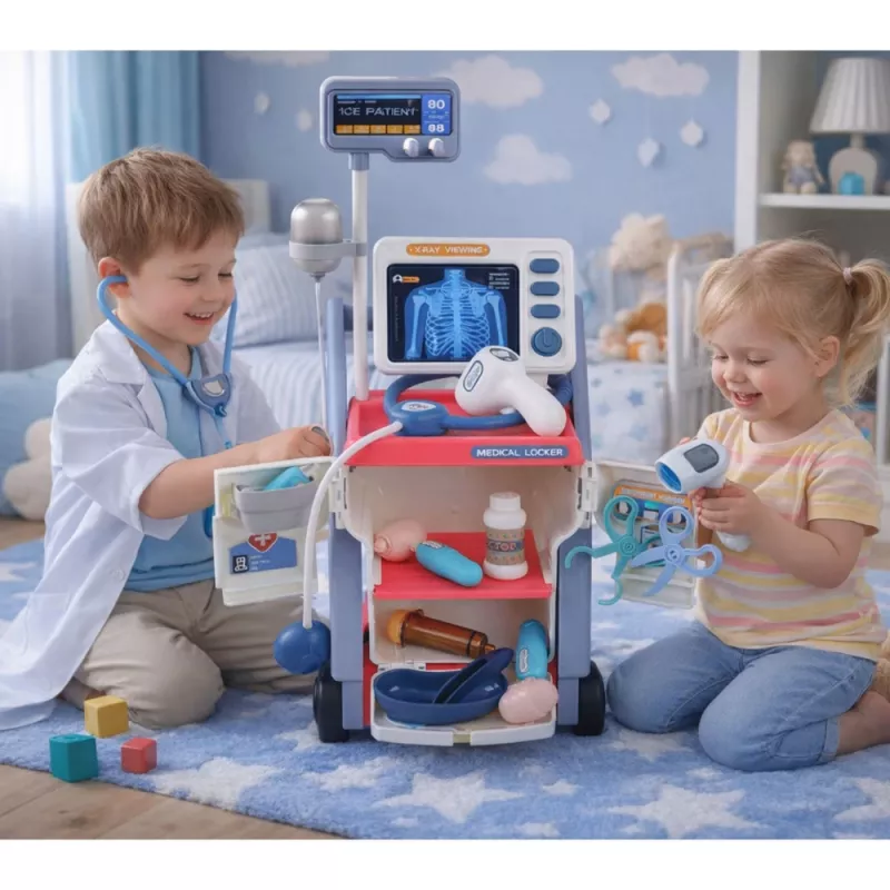LEAN TOYS Zestaw Małego Doktora Wózek Medyczny RTG EKG Światła Różowy 16 szt.